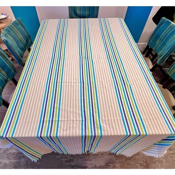 Max Studio Home Tablecloth Blue/Aqua/Green Striped Fringed 54 X 104 100% Cotton - Picture 2 of 10